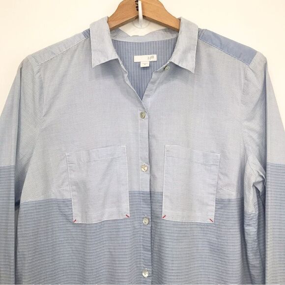 J. Jill Blue Contrast Stripe Button Up Long Sleeve Cotton Tunic Blouse - Picture 2 of 13